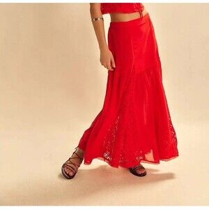 Free People Free-Est Aimee Maxi Skirt Sheer Lace Festive Xmas Red XL NEW 283991